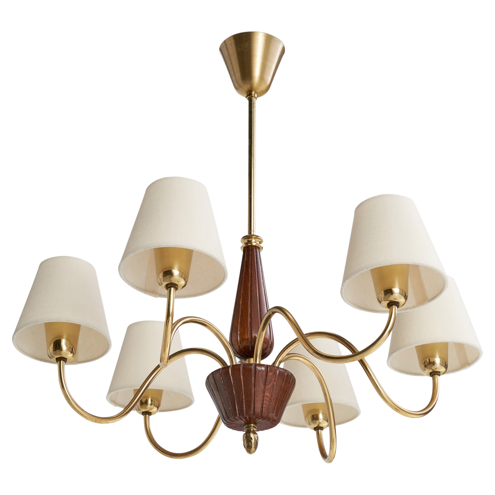 Swedish Designer, Chandelier, Brass, Wood, Fabric, Sweden, 1940s For Sale