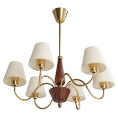 Swedish Designer, Chandelier, Brass, Wood, Fabric, Sweden, 1940s