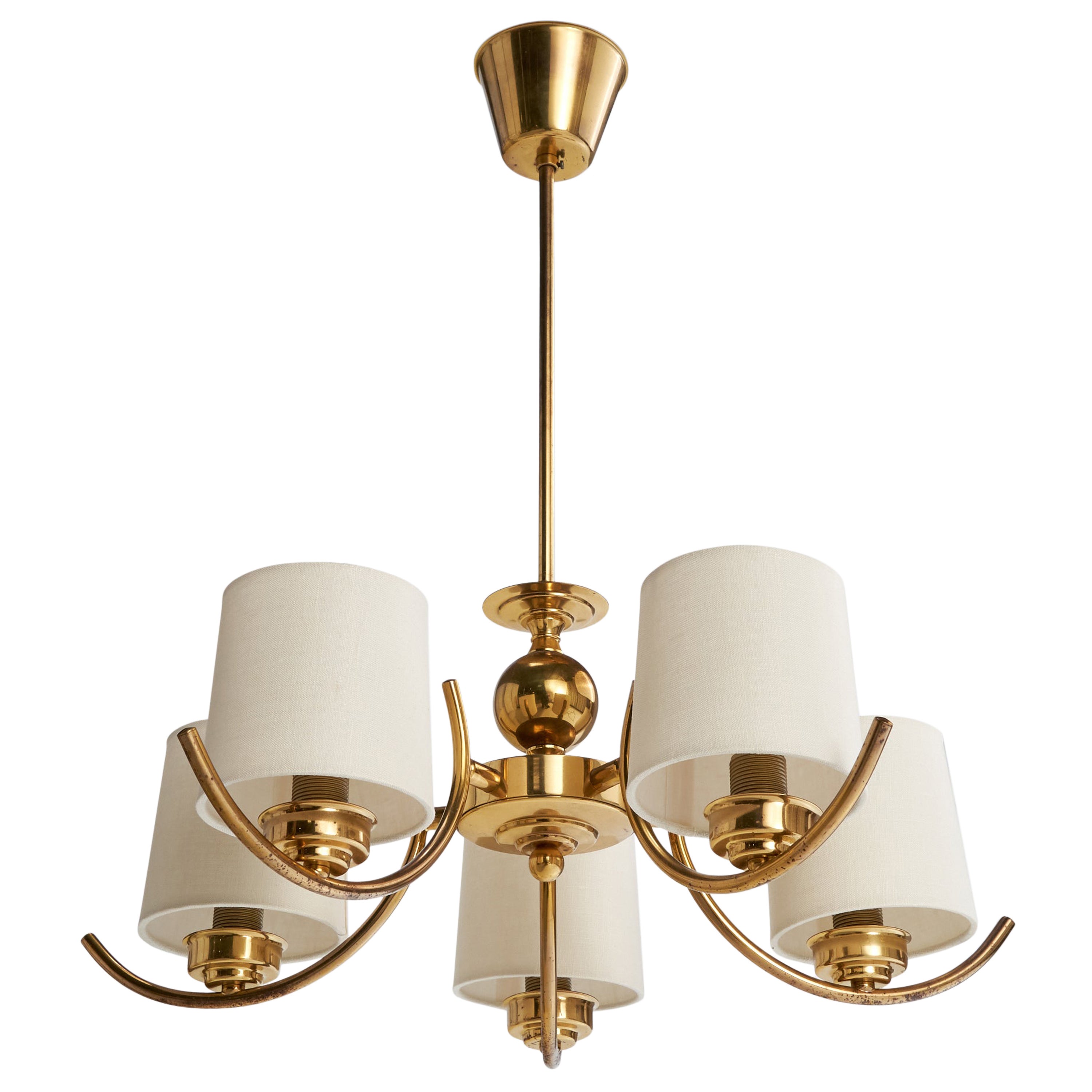 Swedish Designer, Chandelier, Brass, Fabric, Sweden, 1960s