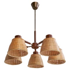 Swedish Designer, Chandelier, Brass, Teak, Rattan, 1950s
