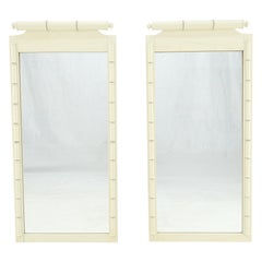 Pair of White Lacquer Mid Century Modern Rectangle Faux Bamboo Wall Mirrors MINT