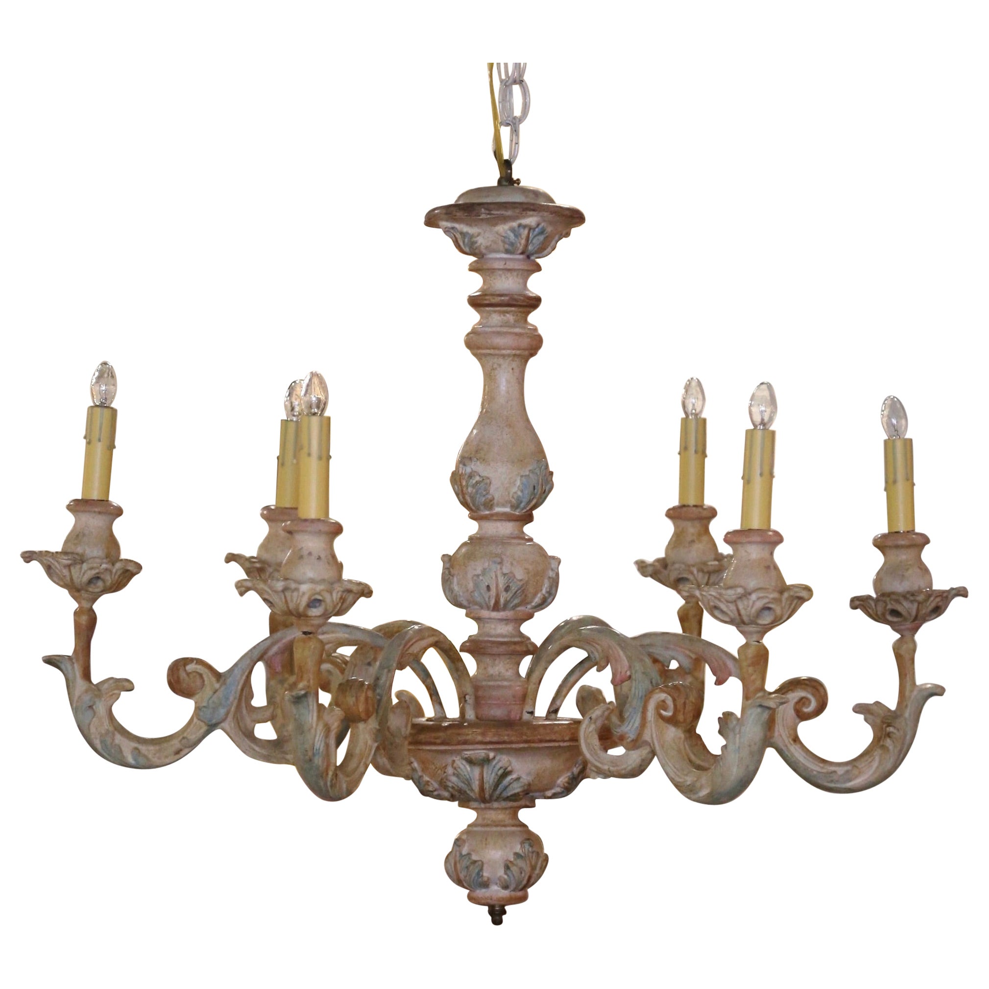 19th Century French Napoleon III Carved Polychrome & Painted 5-Light Chandelier