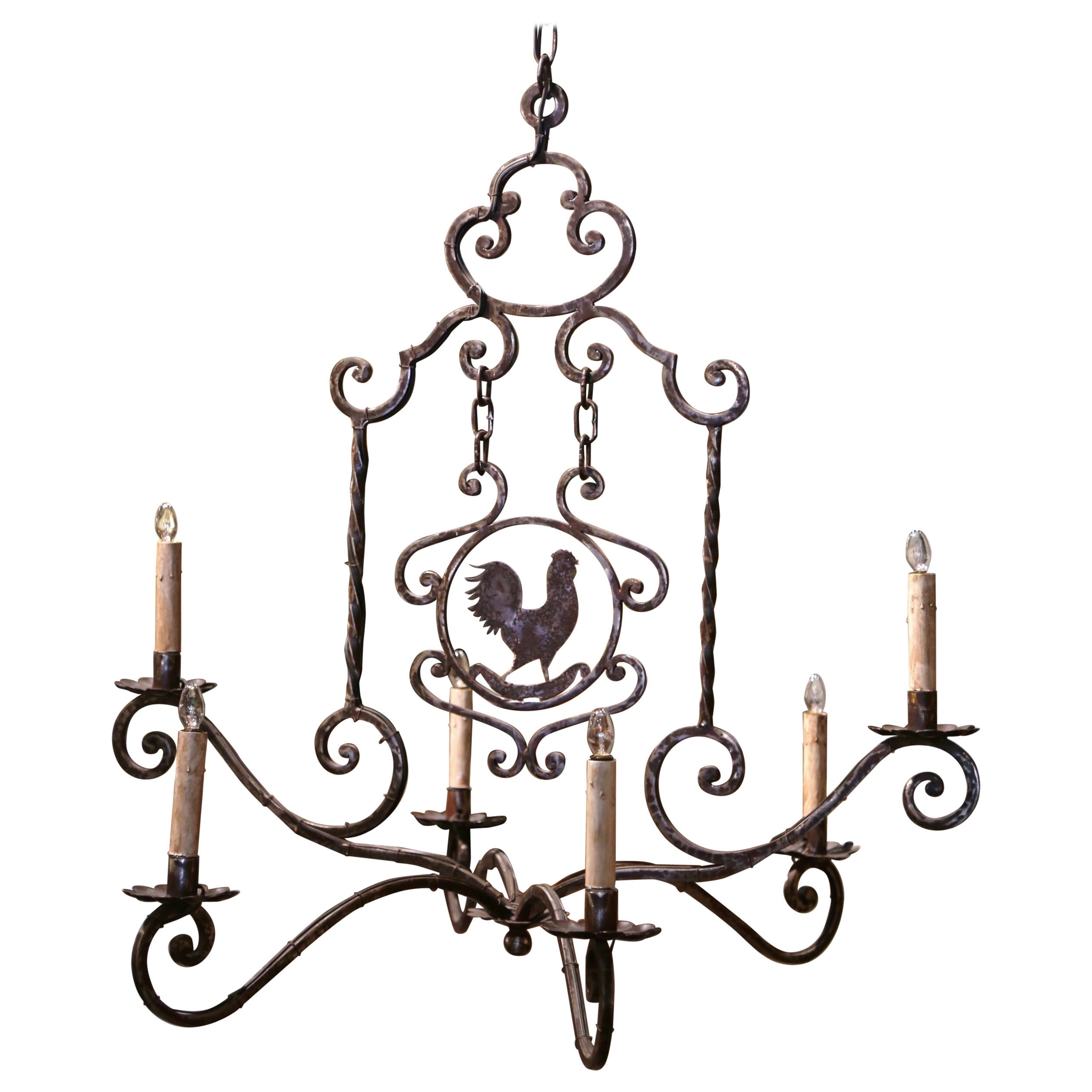 20th Century French Forged Polished Iron Six-Light Rooster Chandelier