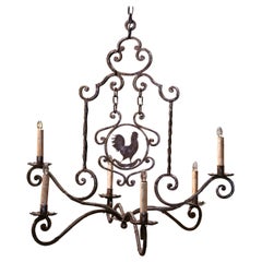 20th Century French Forged Polished Iron Six-Light Rooster Chandelier