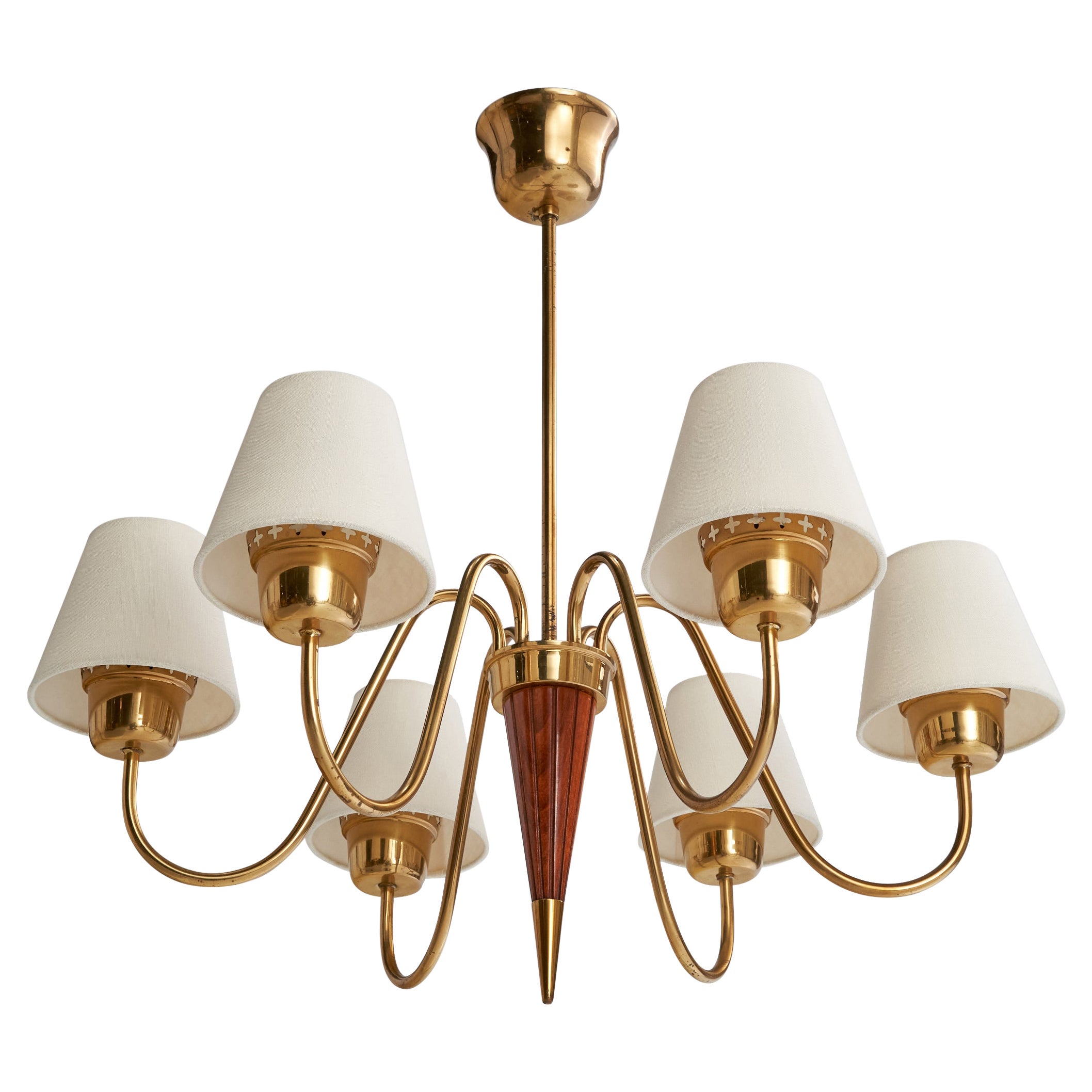 Swedish Designer, Chandelier, Brass, Wood, Sweden, 1940s For Sale