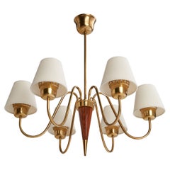Schwedischer Designer, Kronleuchter, Messing, Holz, Schweden, 1940er Jahre