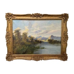 Peinture à l'huile du 19e siècle représentant un paysage et une rivière par l'artiste Walter Lievules