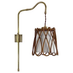 Articulating Wall Light, Rattan Fabric & Brass, France 1950s