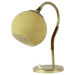 Rattan, Brass & Opaline Glass Table Lamp, Sweden 1950s