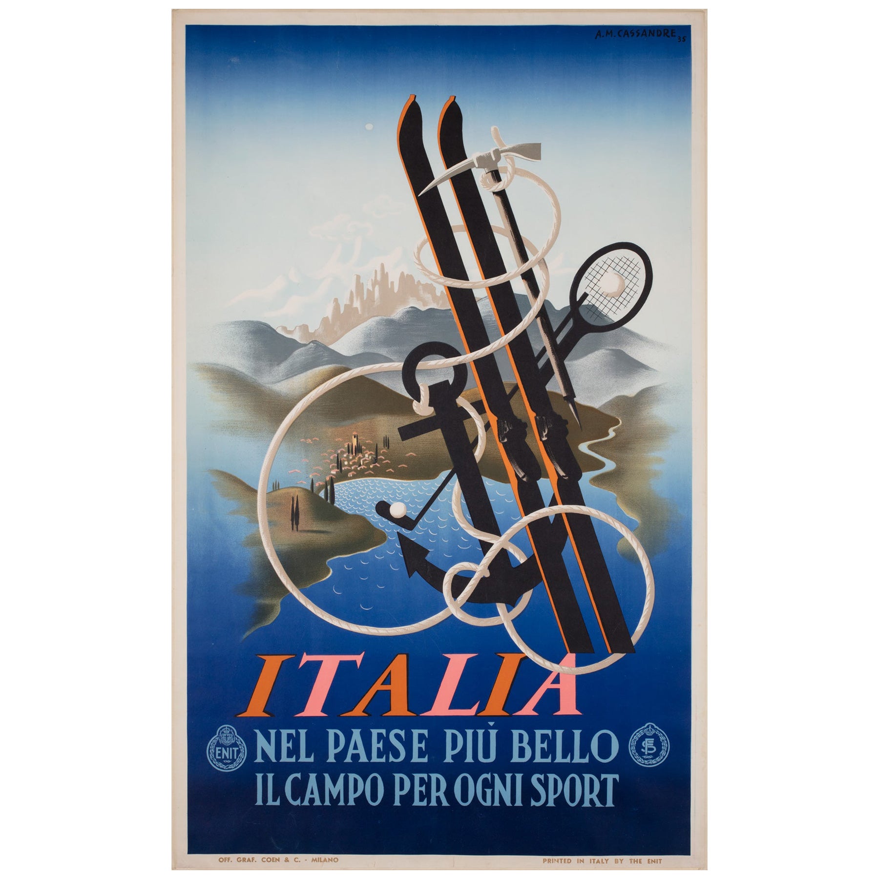 Affiche publicitaire italienne de ski et de sport de voyage CASSANDRE, Italie, 1935