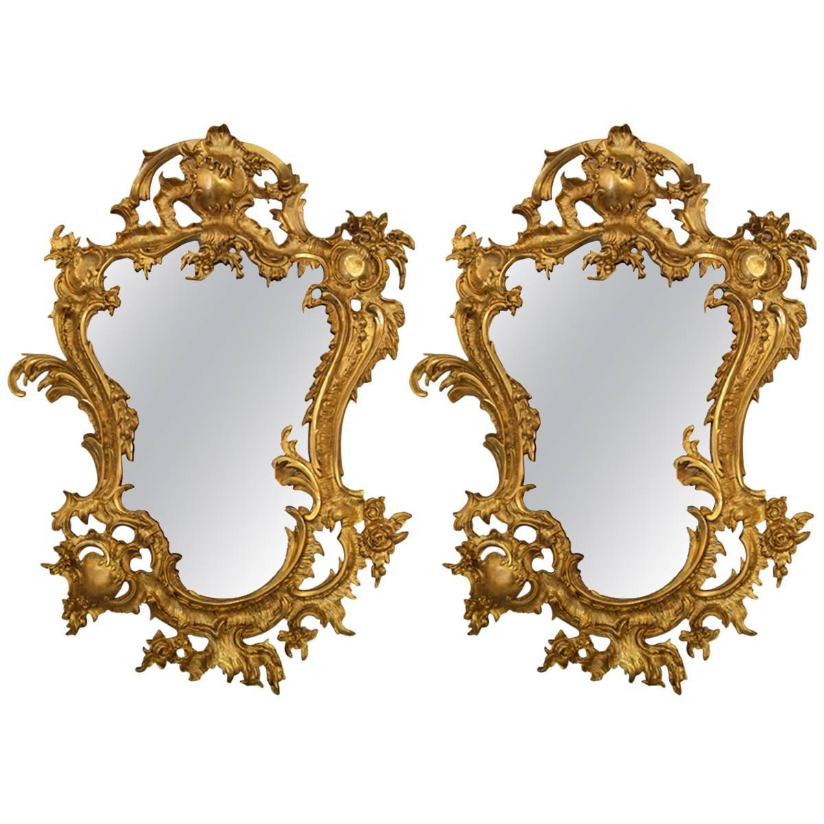 Antique, 19th Century, Pair of Bronze Gilt Louis XV Style Mirrors