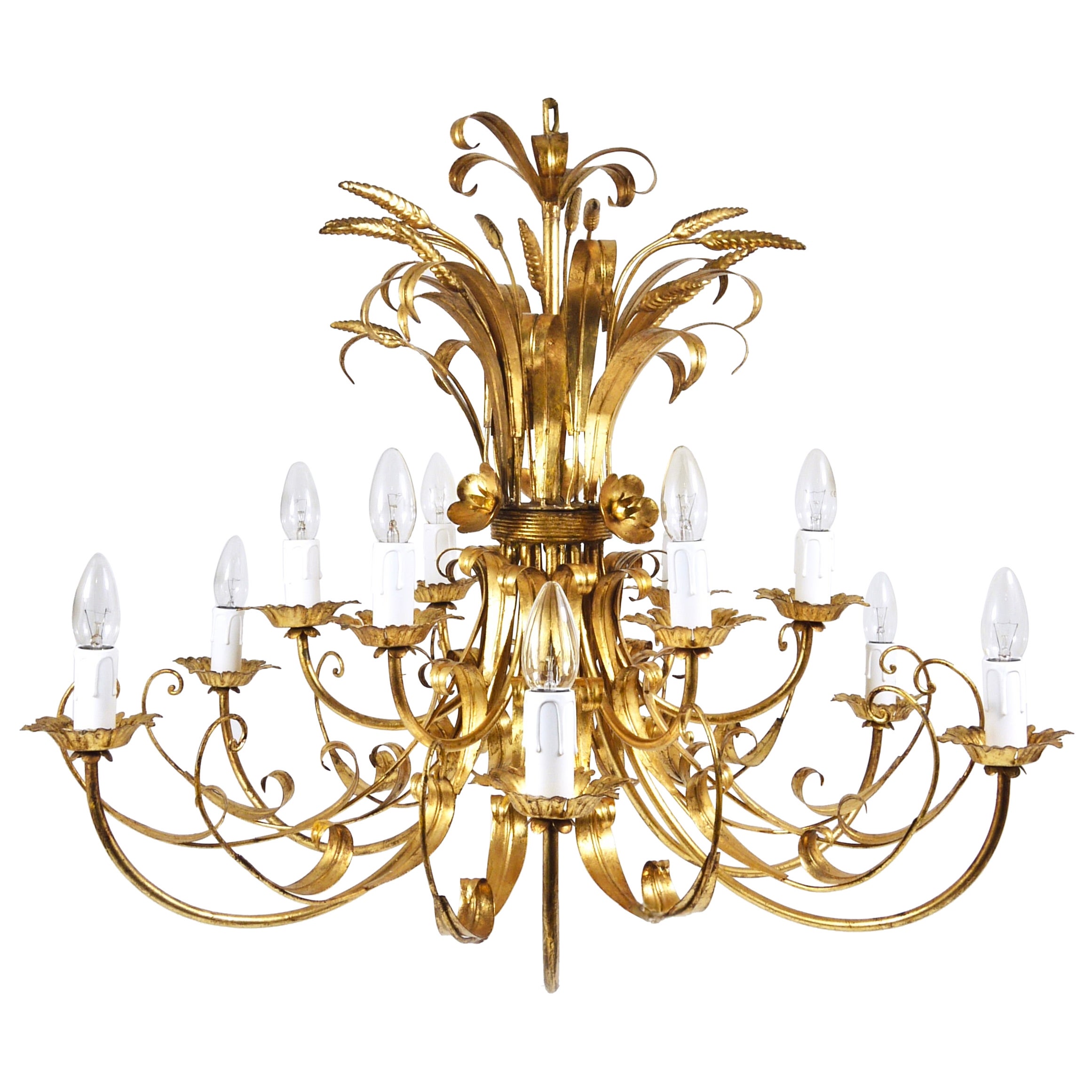 Hans Kögl XL Hollywood Regency Wheat Floral Bouquet Gilt Iron Chandelier, 1970s