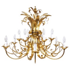 Hans Kögl XL Hollywood Regency Wheat Floral Bouquet Gilt Iron Chandelier, 1970s