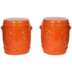 Pair of Vintage Orange Ceramic Garden Stools
