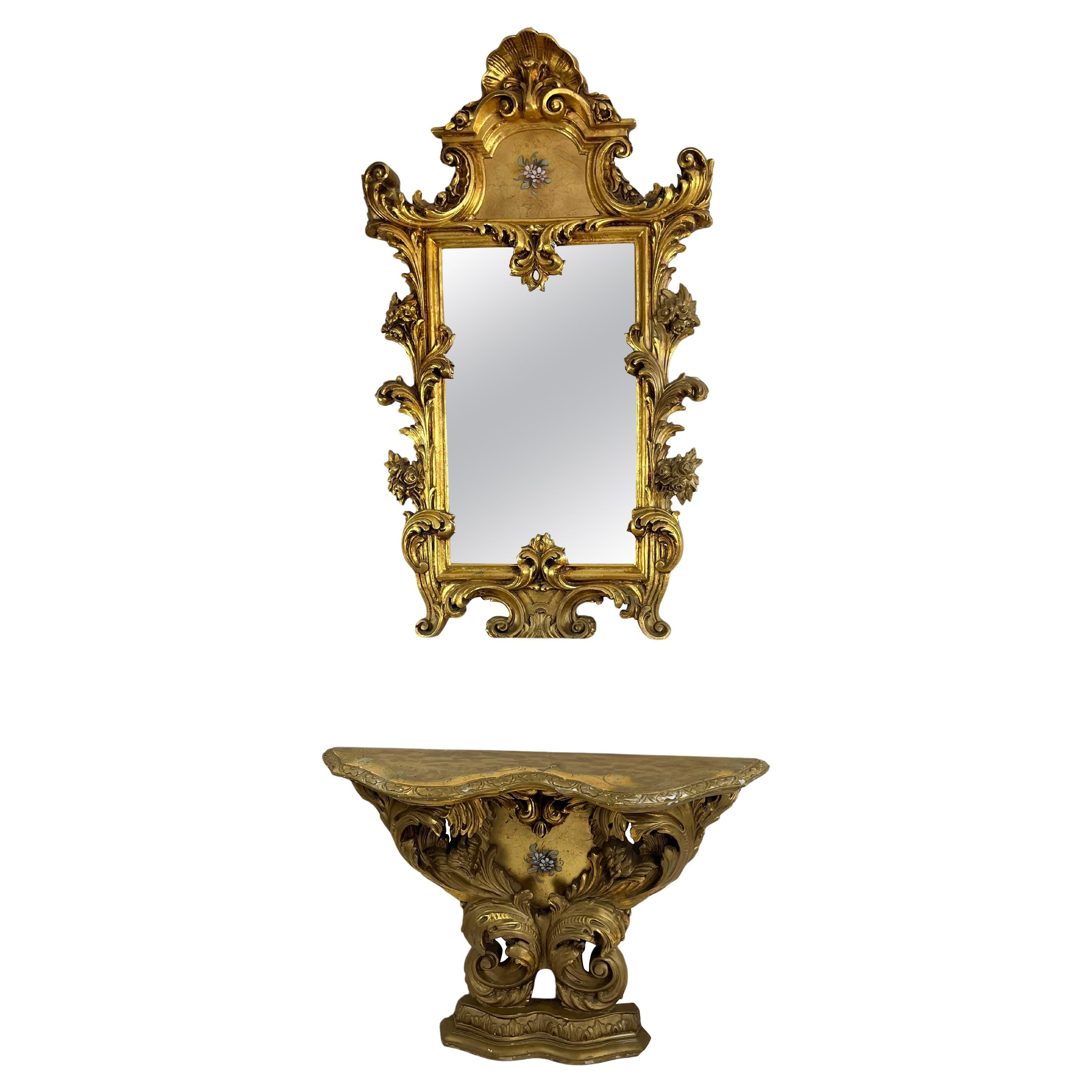 Mid-Century Louis XV Console and Wall Mirror in Carved and Gilt Wood, 1930s