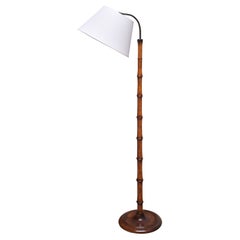 Swedish Modern Birch Faux Bamboo Floor Lamp with Ivory Adjustable Shade, 1940s