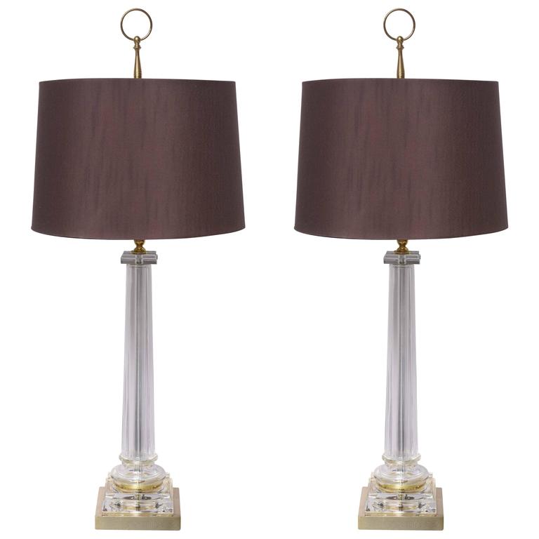 Pair Of Vintage Hollywood Glam Tall Crystal And Brass Lamps Pair Of Vintage Hollywood Glam Tall Crystal And Brass Lamps Original Shades For