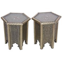 Pr? Moroccan, Artisan, handmade "Silver" Metal. Inlaid, glass on top Sidetables