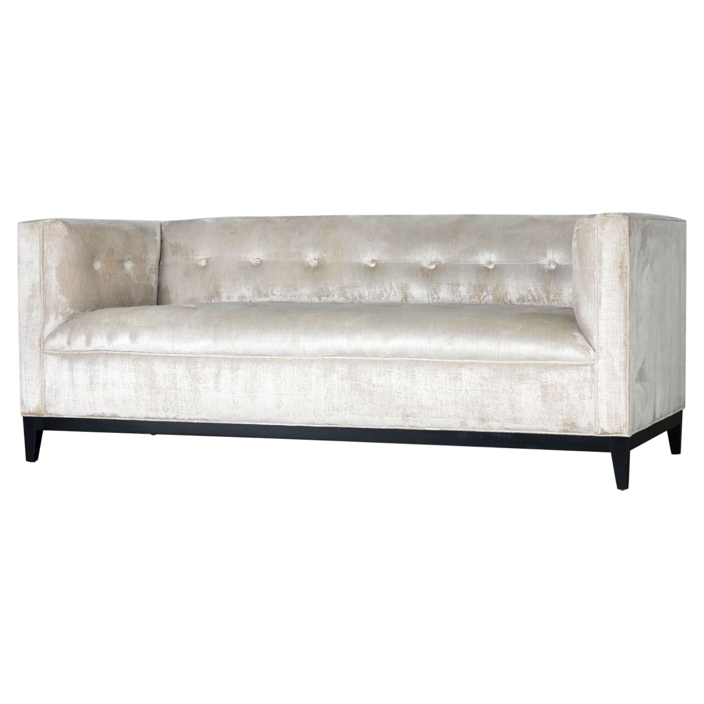 Modern Velvet Tuxedo Sofa Settee Tight Back w/Button Detail & Black Wood Base For Sale