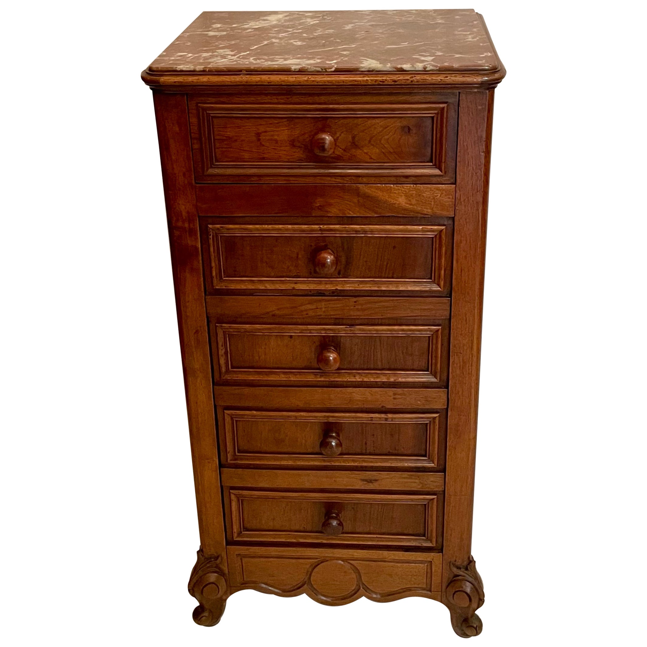 Antique French Walnut Marble Top Side Cabinet with Drawers, Circa 1890-1900.