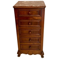 Antique French Walnut Marble Top Side Cabinet with Drawers, Circa 1890-1900.