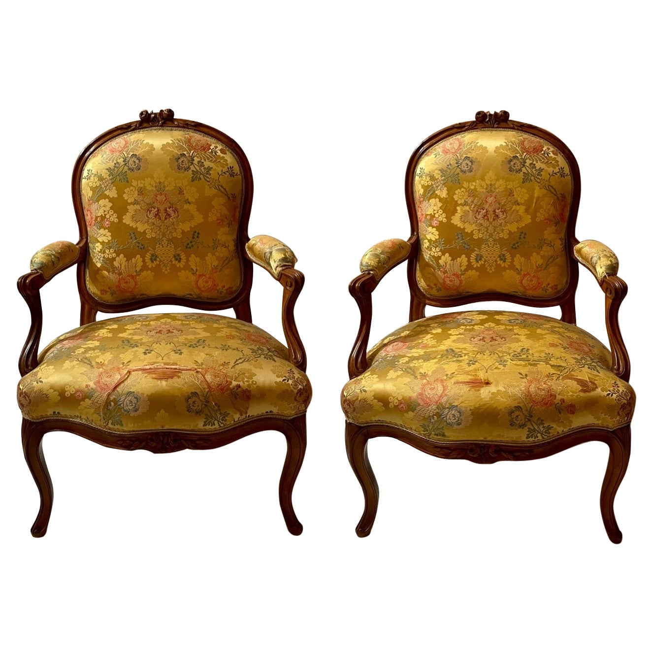 Pair Antique French Provincial Carved Fruitwood Fauteuil or Armchairs Circa 1890