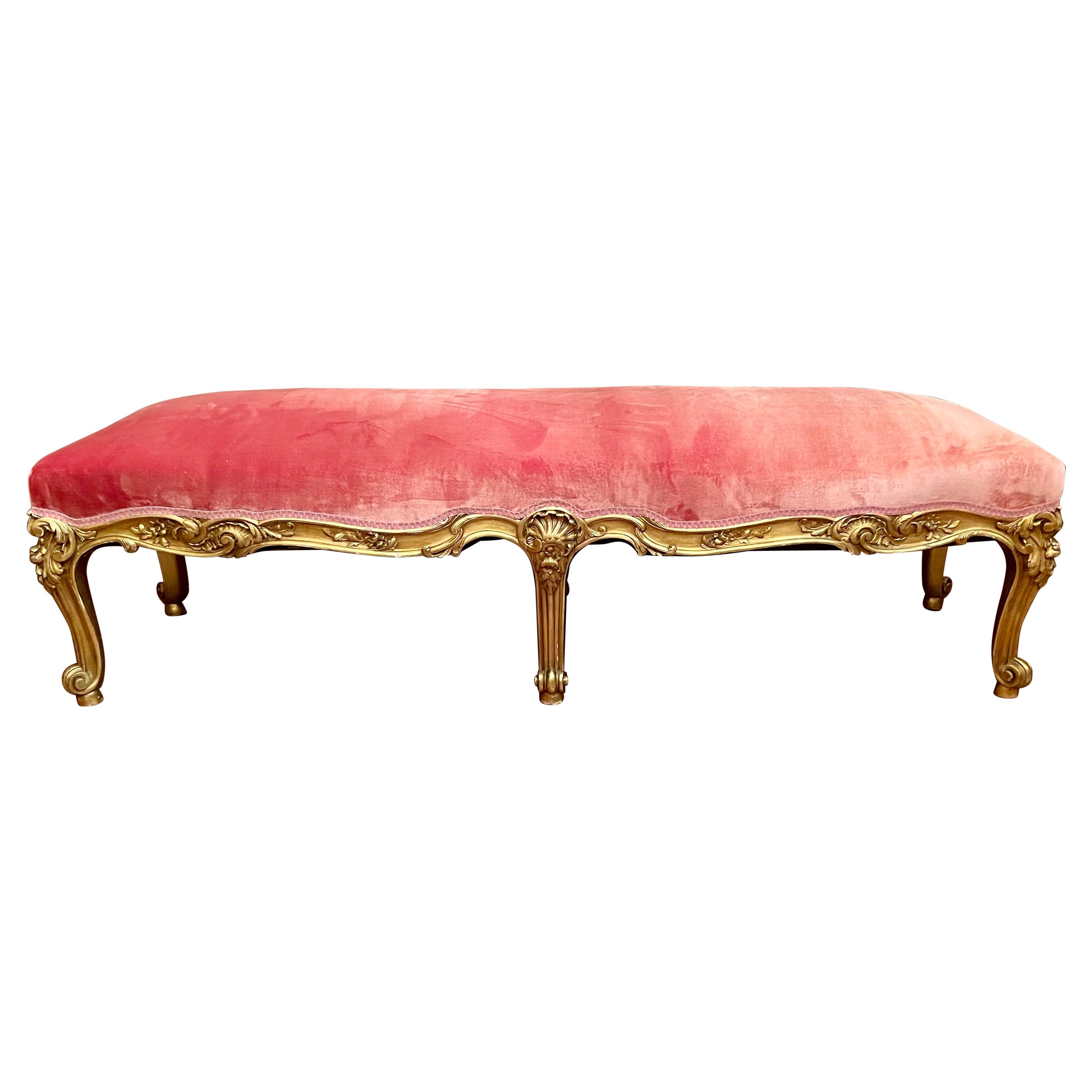 Ancienne banquette ou banc de style Régence française en bois sculpté avec feuilles d'or, vers 1880