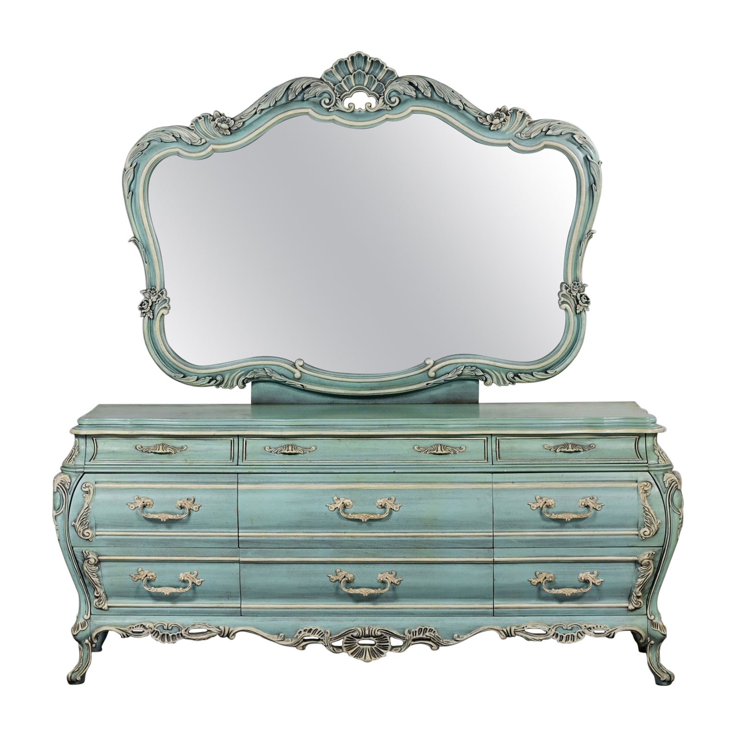 French Provincial Style Heavy Carved Powder Blue Ceruse Bombay Dresser & Mirror For Sale