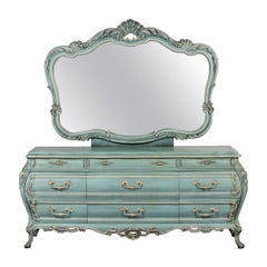 French Provincial Style Heavy Carved Powder Blue Ceruse Bombay Dresser & Mirror