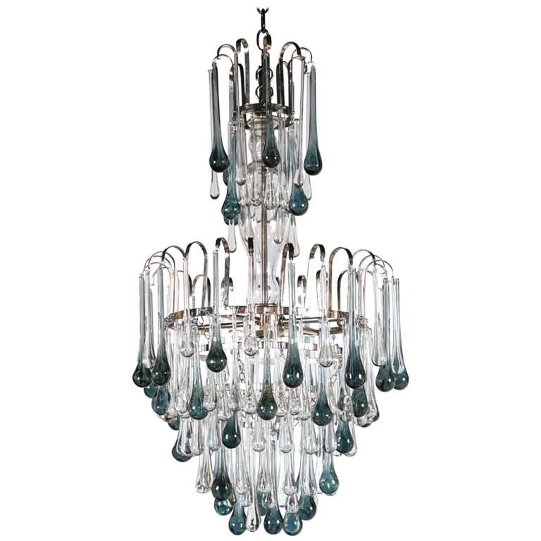 Murano Glass Chandelier with Blue Drops For Sale