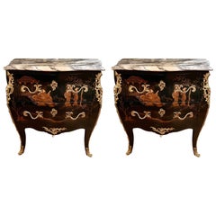 Vintage Pair Estate Chinoiserie Marble Top Lacquer Commodes with Gold Bronze, Circa 1950