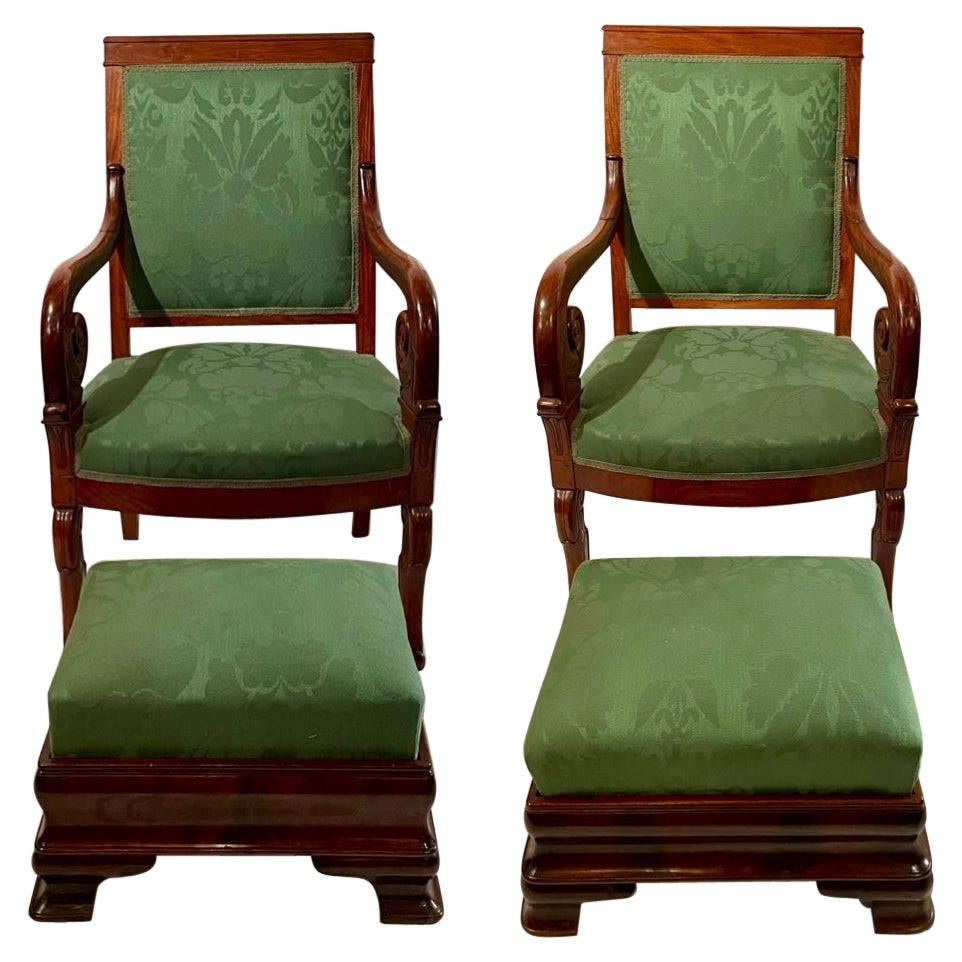 Pair Antique French Louis Philippe Mahogany Armchairs & Footstools, Circa 1890's