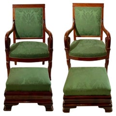 Pair Antique French Louis Philippe Mahogany Armchairs & Footstools, Circa 1890's