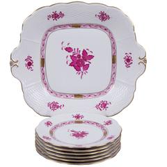 Retro Herend Chinese Bouquet Raspberry Dessert Set for Six Persons
