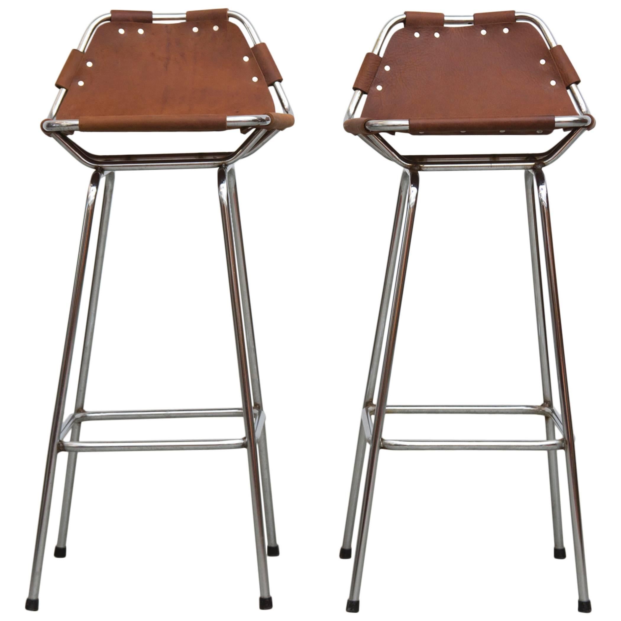 Pair of Charlotte Perriand Style Leather Bar Stools