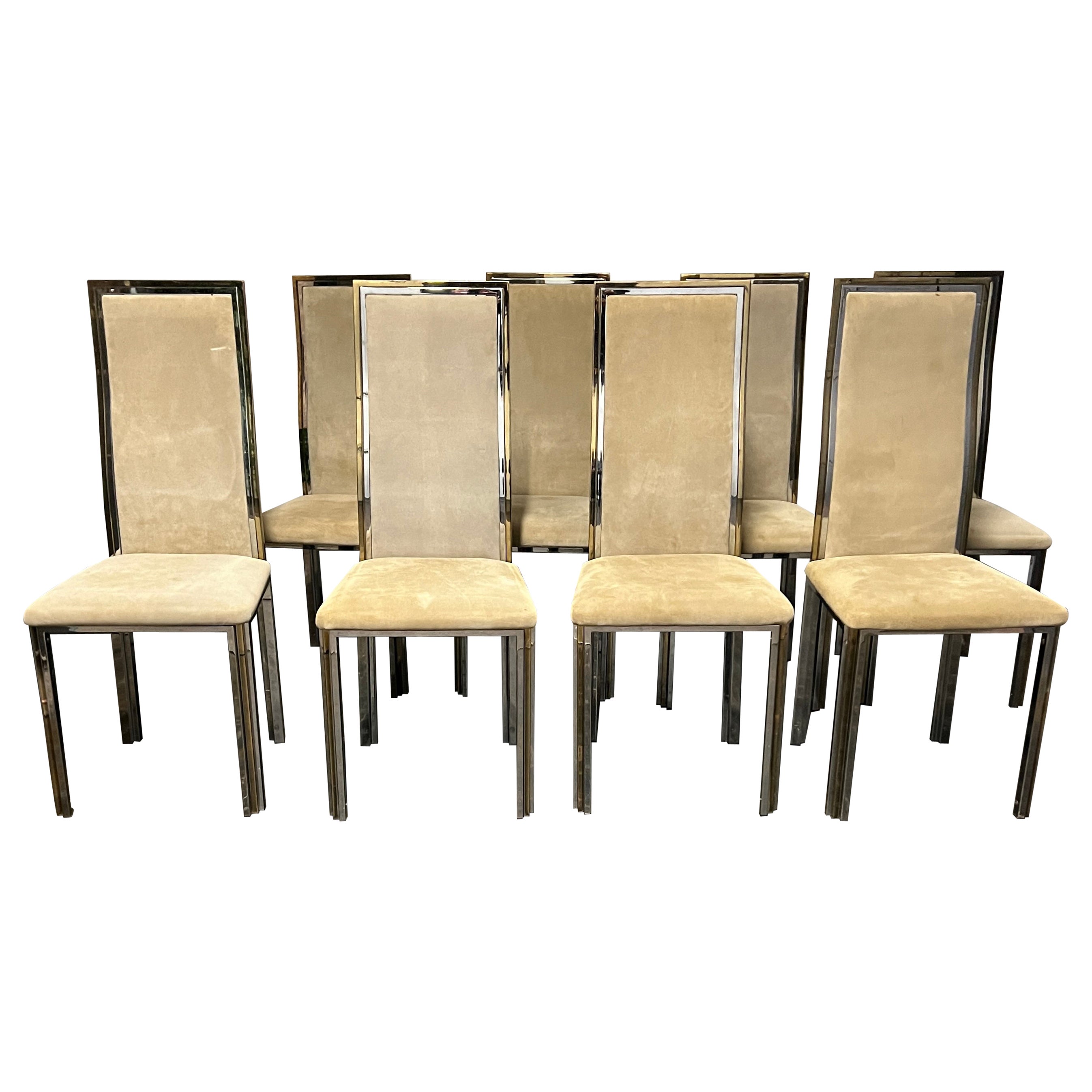 Set of 8 Italian 1970's Crome and Brass Dining Chairs Attributed to Romeo Rega