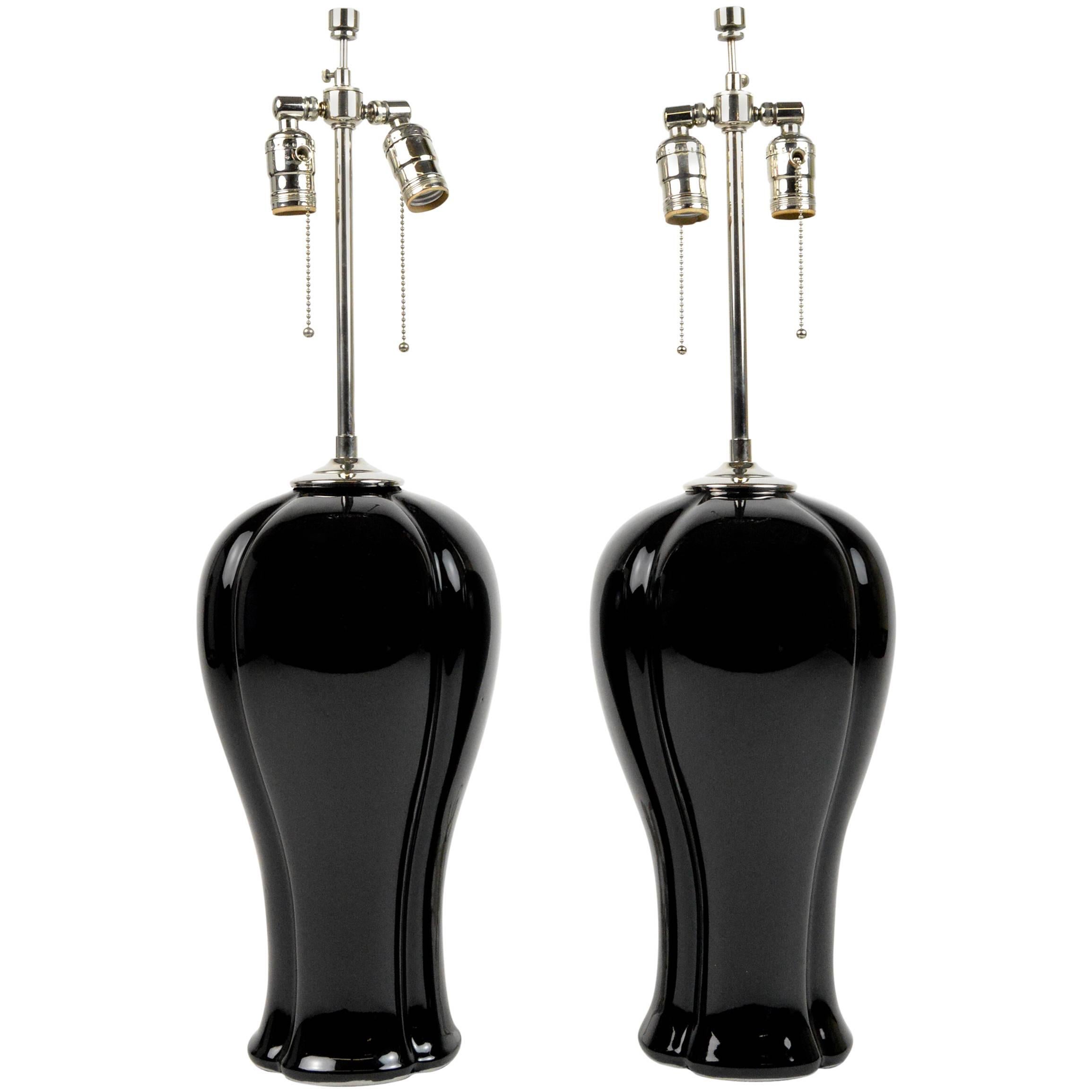Pair of Black Glazed Ceramic Lamps For Sale