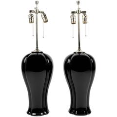 Pair of Black Glazed Ceramic Lamps