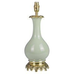 Antique French Opaline Celadon and Bronze Table Lamp