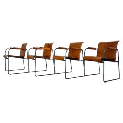 4 Camel Brown Saddle Leather Dining Chairs By Arrben Italy