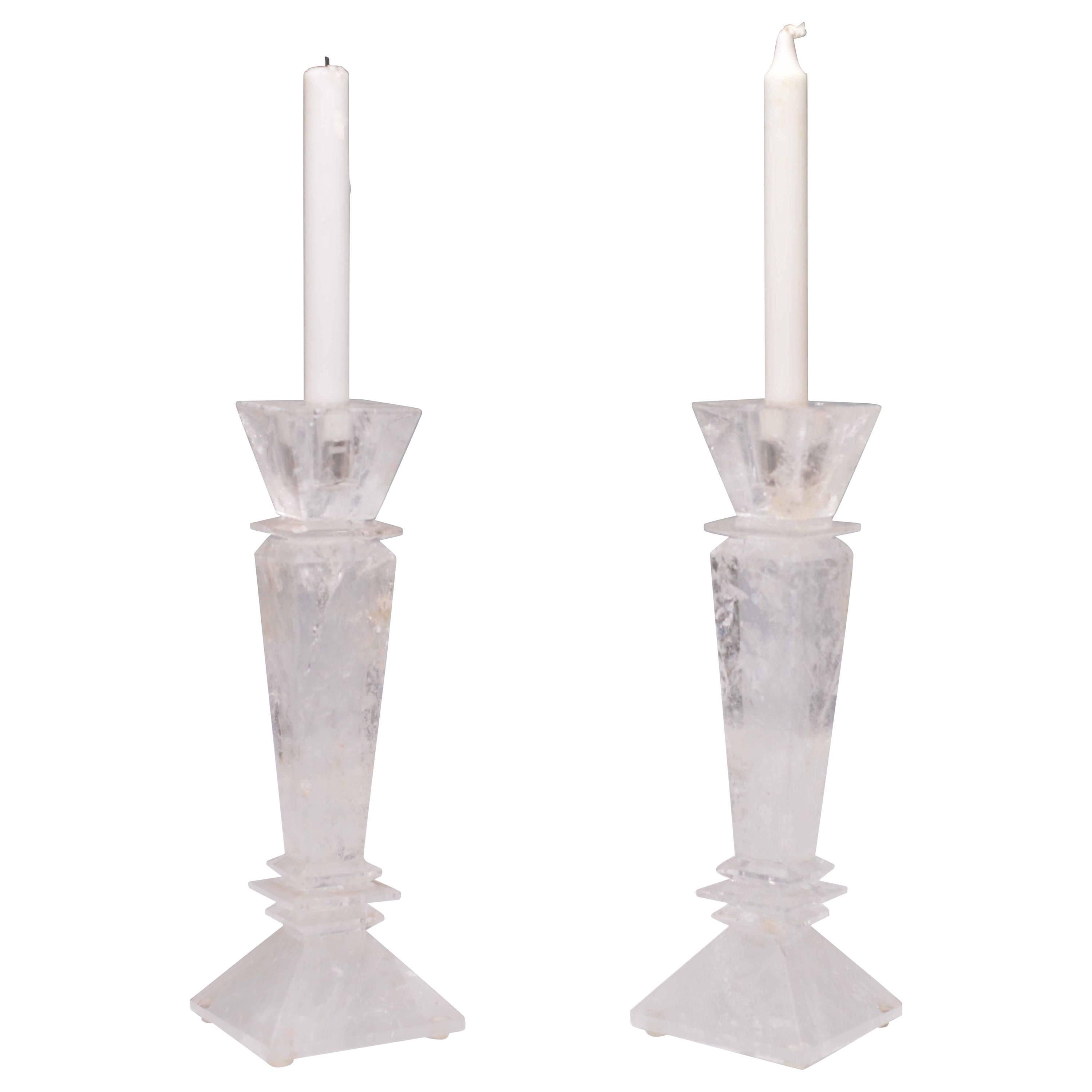 Pair of Modern Rock Crystal Quartz Candleholders