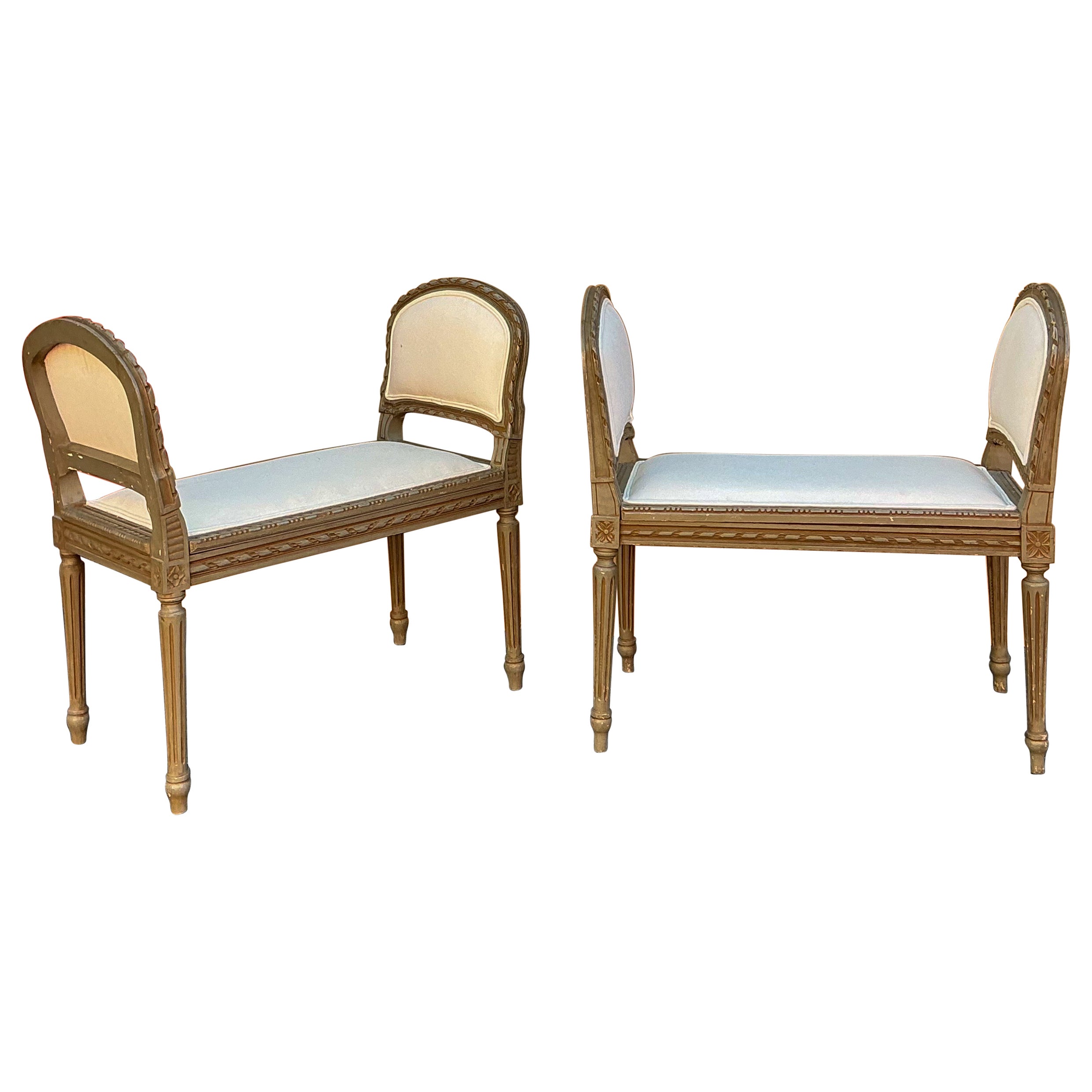 Early French Louis XVI Style Painted Carved Fruitwood Benches / Ottomans -Pair For Sale