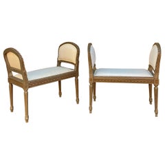 Paire d'ottomans de style Louis XVI français du début, peints et sculptés en bois fruitier