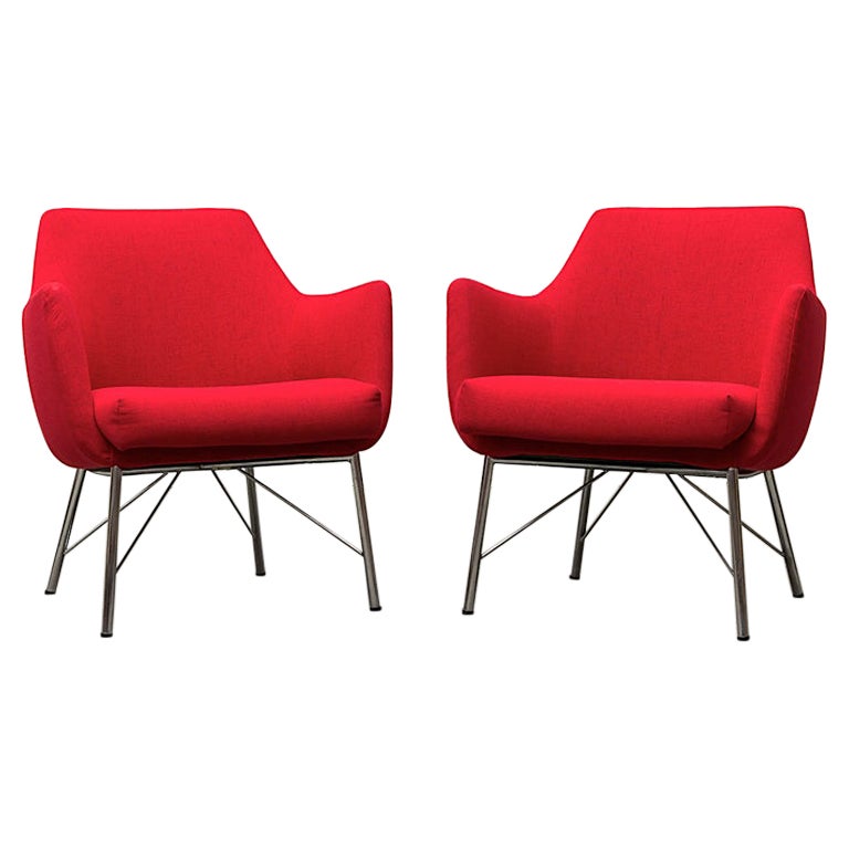 Pair of Ekselius Lounge Chairs for Pastoe w/ New Red Upholstery & Chrome Bases