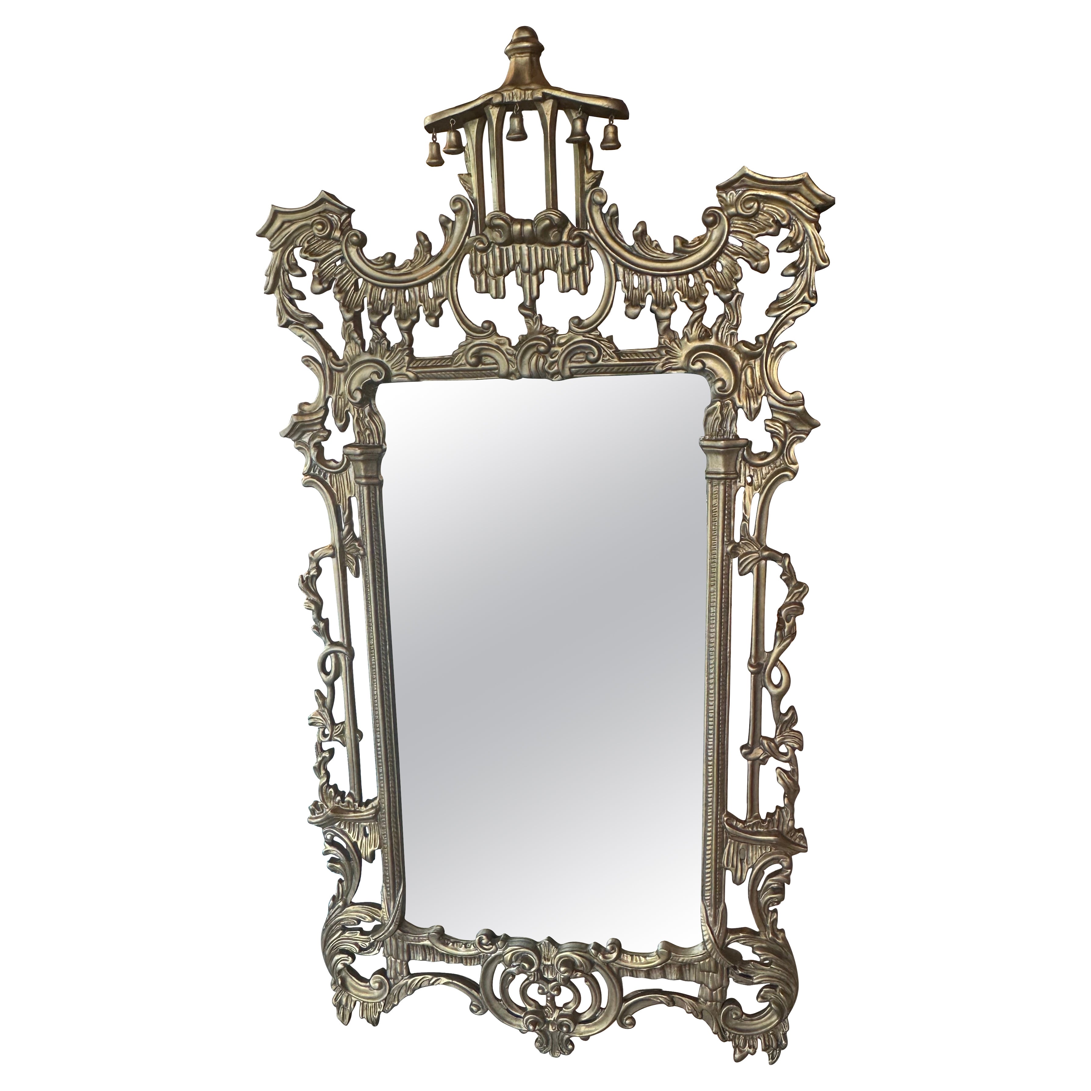 Wood Wood oro dorato italiano intagliato Pagoda campane specchio da parete Chinoiserie