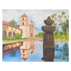 Mid-Century Modern Signed Landscape Painting of California Santa Barbara Mission