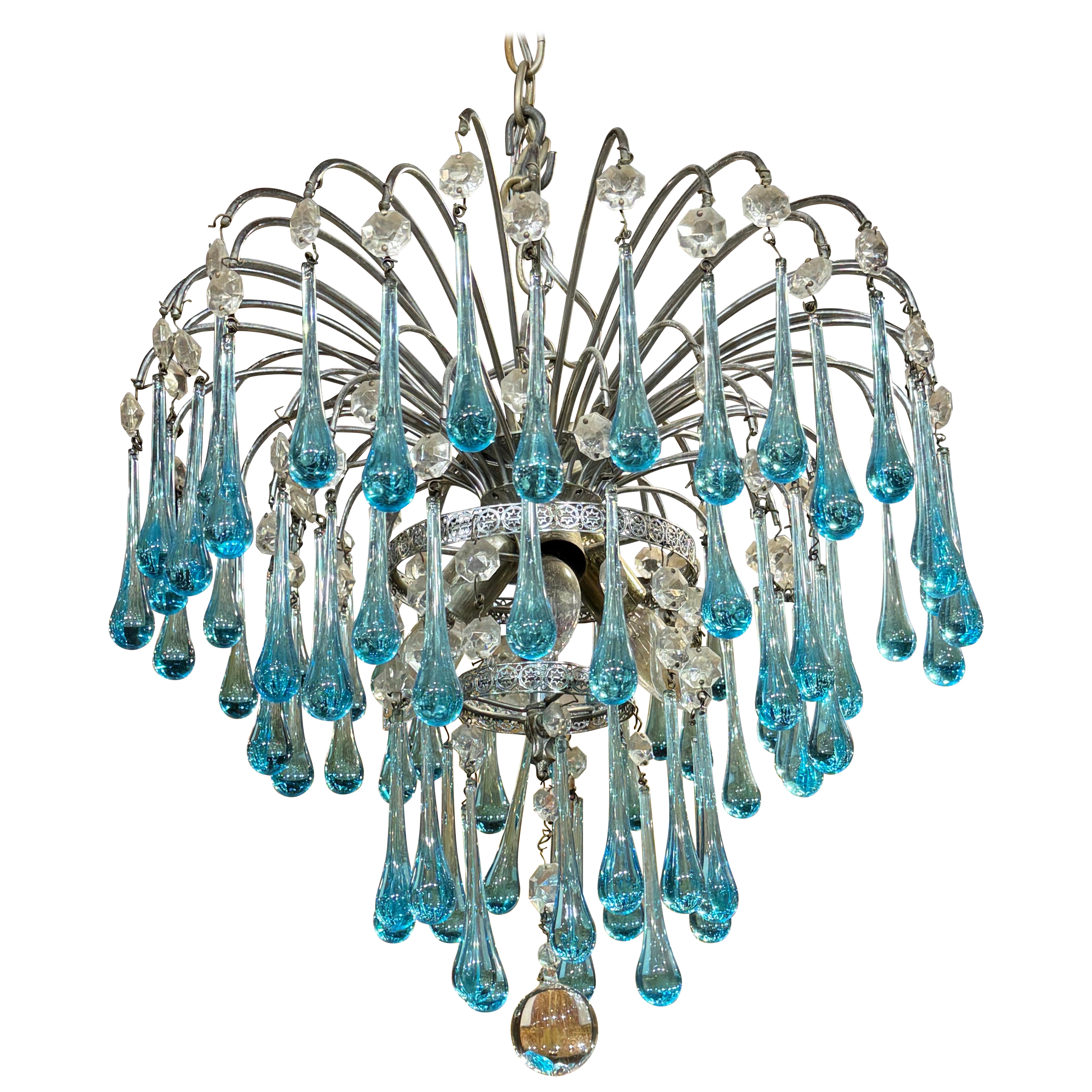 Lustre en verre turquoise à gouttes de Paolo Venini Murano, 1960