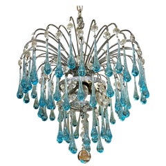 Paolo Venini Murano Turquoise Drops Glass Chandelier, 1960