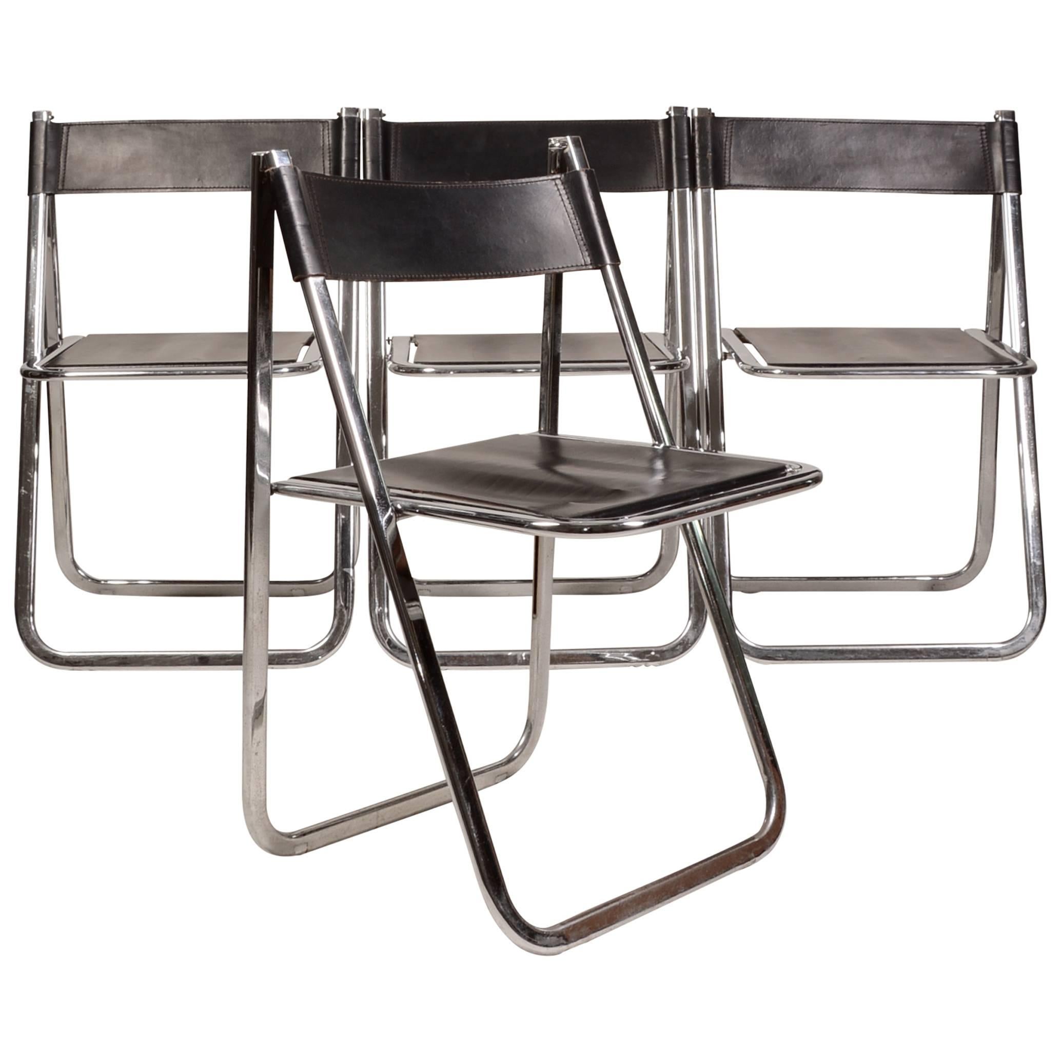 Vintage 1970 Tamara Model Folding Leather and Chrome Chairs by Arrben 