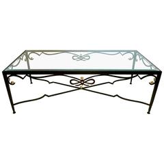 Striking Iron and Glass with Brass Accents Large Coffee Table, 1950s